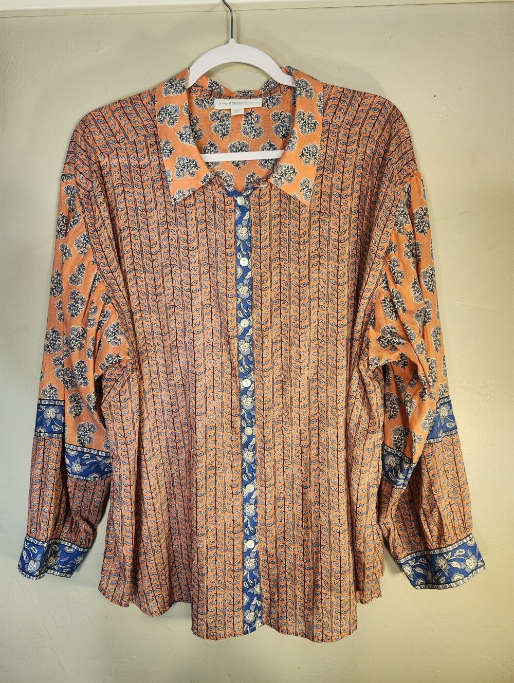 Pure Jil Orange Floral-Print Button Down Shirt with Blue Trim100% Organic Cotton